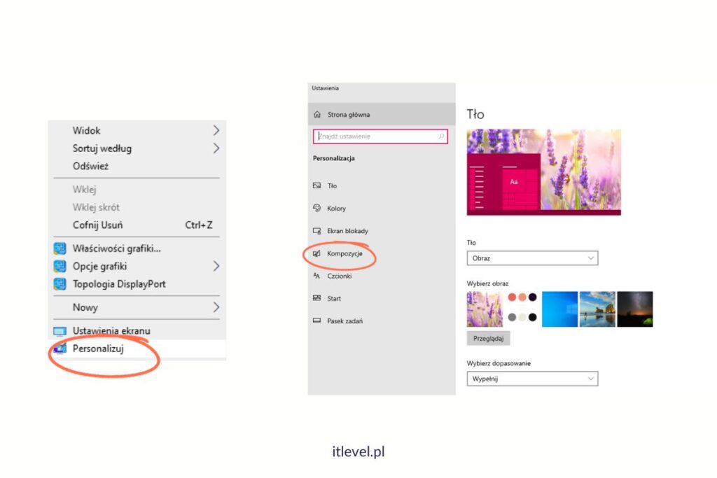 Jak przywrócić ikonę kosza systemowego na pulpit w Windows - krok 2 i 3 - kliknij na pulpicie komputera prawym przyciskiem myszy, wybierz opcję "Personalizuj" i "Kompozycje"