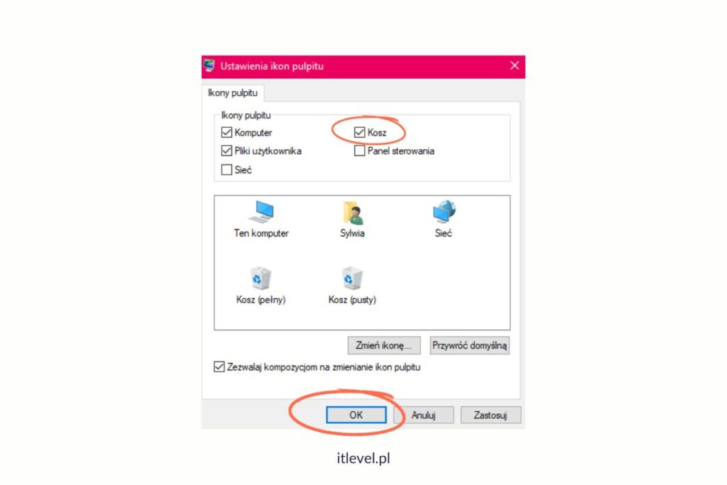 Jak przywrócić ikonę kosza systemowego na pulpit w Windows - krok 5 - zaznacz checkbox "Kosz" i kliknij "OK", żeby zapisać zmiany