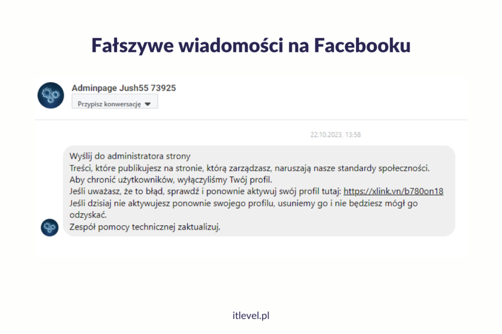 scam na Facebooku - fałszywe wiadomości podszywające się pod wsparcie Meta na Facebooku
